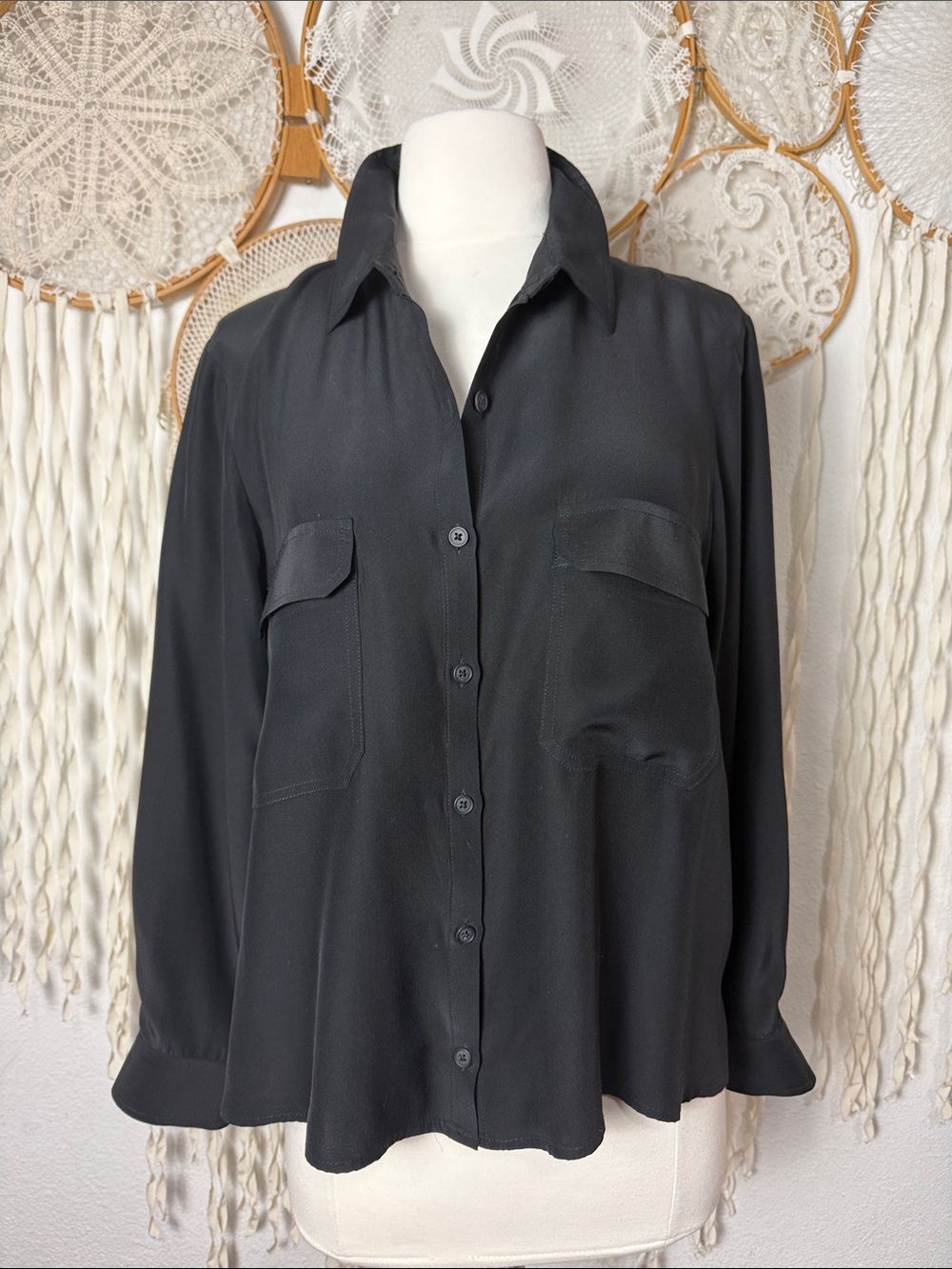 Emerson Fry Black Silk Utility Long Sleeve Button Down Blouse Size Large